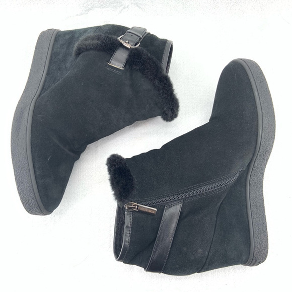 Aquatalia Christa Wedge Booties Womens 10 Black Suede Leather Faux Fur Cozy Glam - Picture 5 of 11